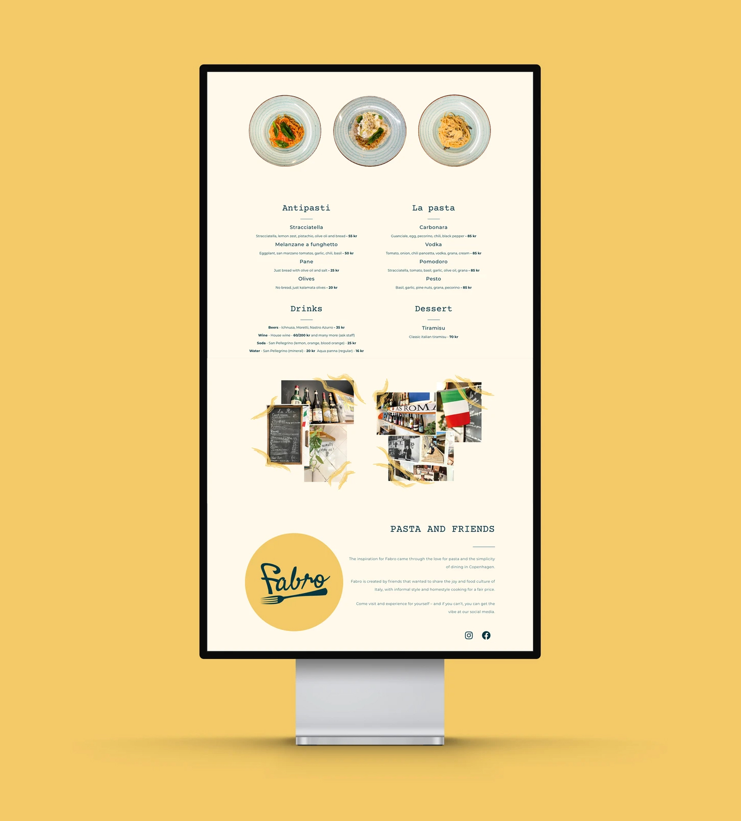 Fabro Pasta website — menu page with dishes